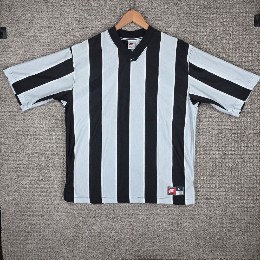 Vintage Nike Center Swoosh Team Soccer‎ Large V Neck Striped Jersey Black White